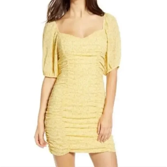 All In Favor Sasha Ruched Mini Dress Women's XS Yellow Puff Sleeve Coquette - Picture 14 of 15